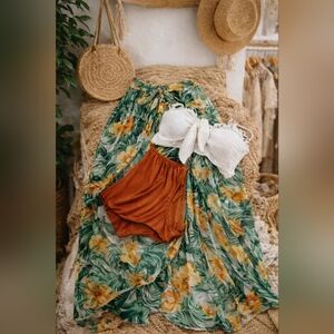 3 Pcs Tropical Floral Coverskirt with White Top Bikini and Brown Bottoms